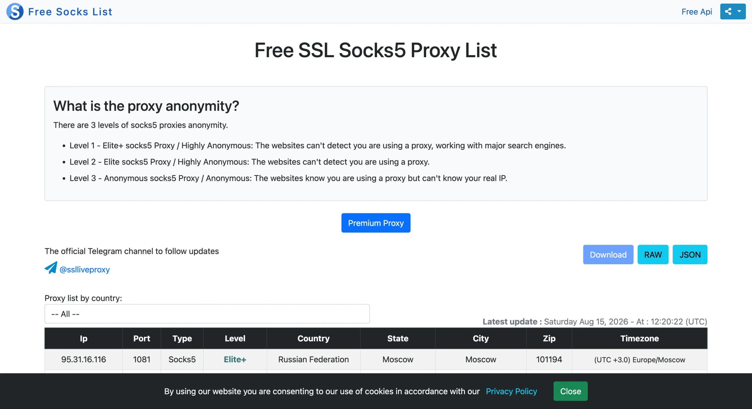Free Socks List homepage showing its SOCKS5 proxy table with elite and anonymous anonymity levels