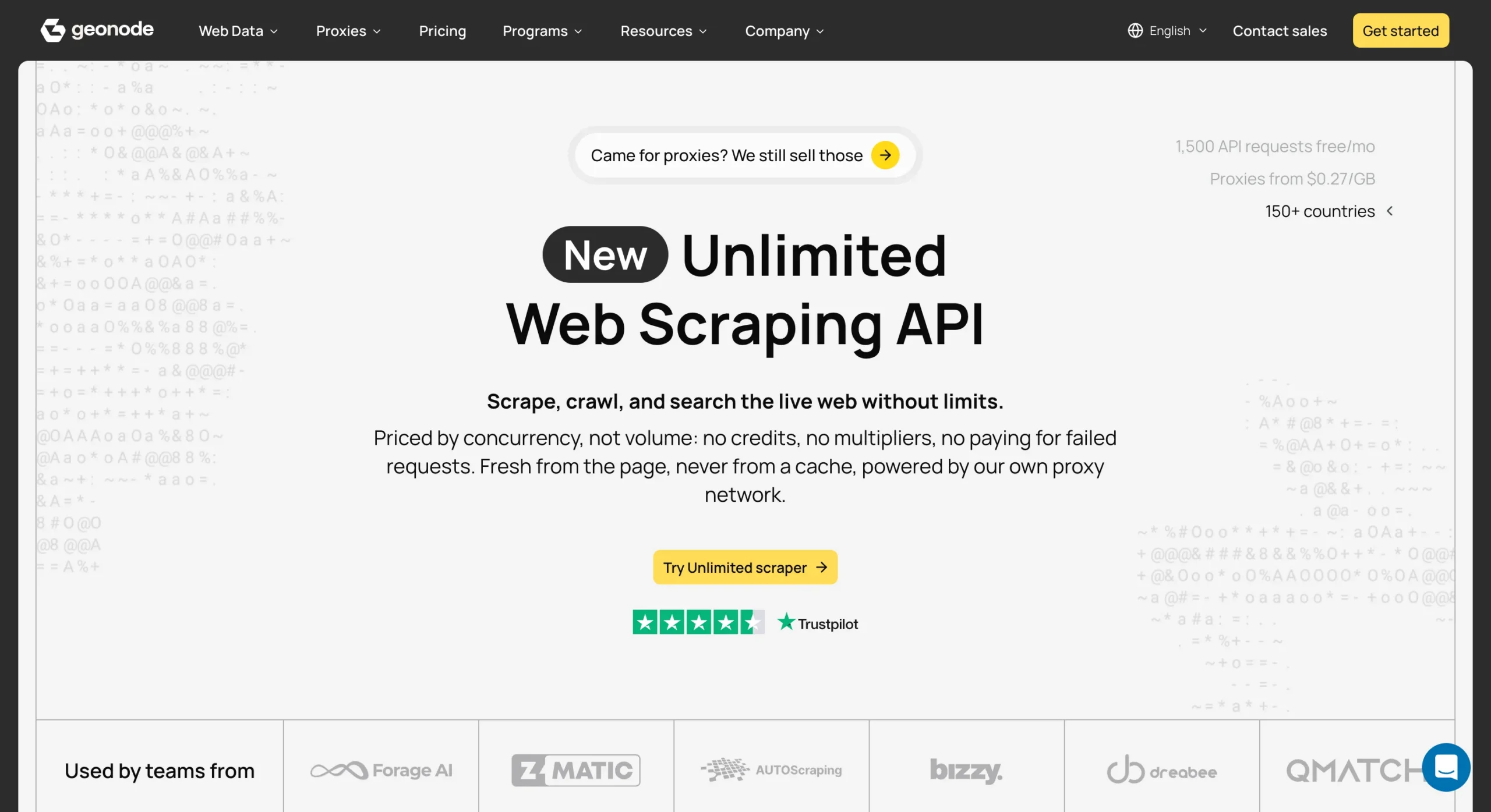 Geonode homepage promoting its web scraping API and proxies in 150+ countries