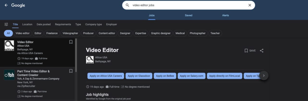 Google Jobs listings search results