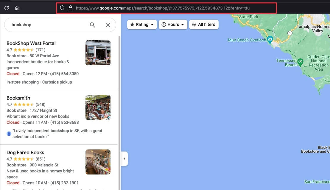 Google Maps search results for bookshop