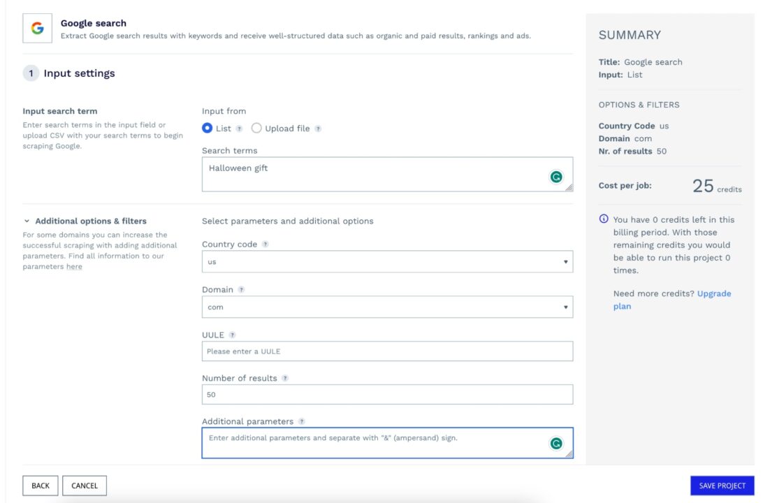 Input settings for a google SERP scraping project in DataPipeline