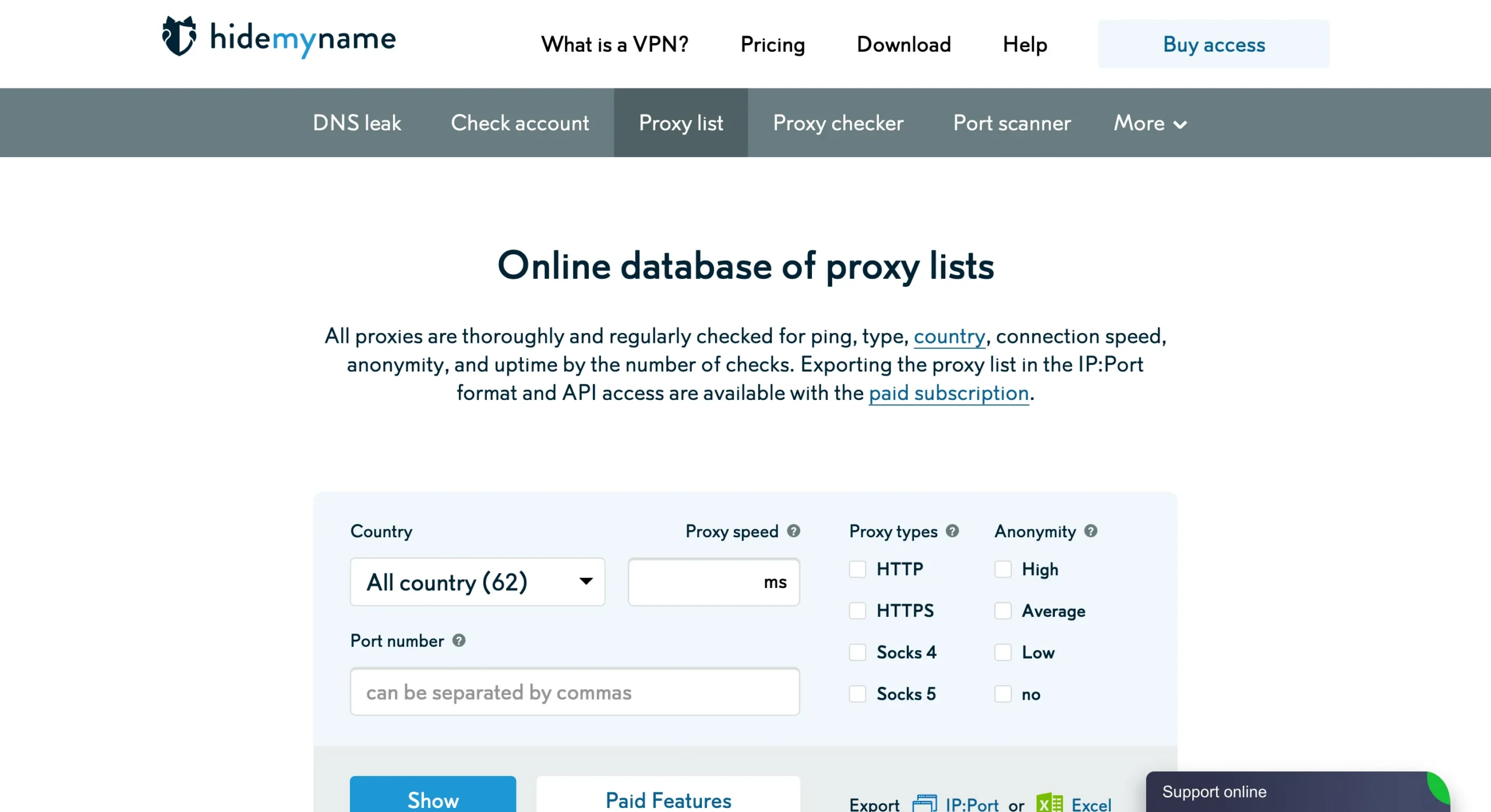Hidemy.name free proxy list with filters for country, proxy speed, port, proxy type, and anonymity