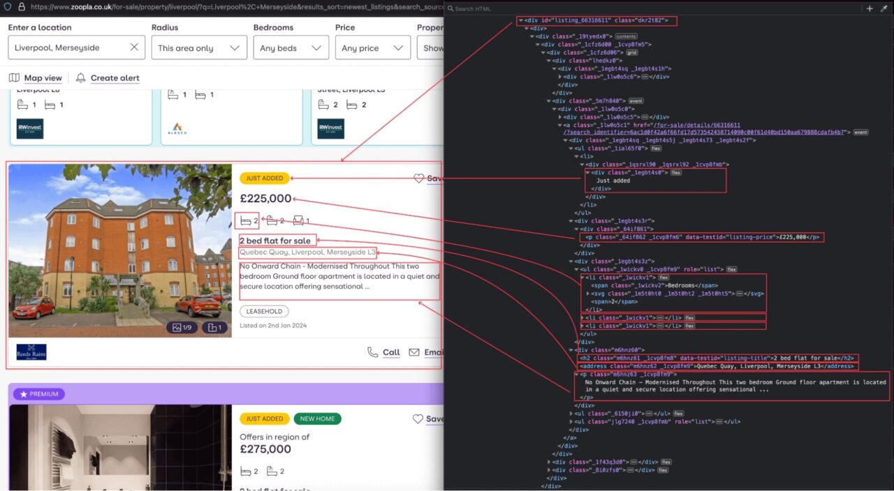 Identifying Zoopla CSS selector associated with HTML tag