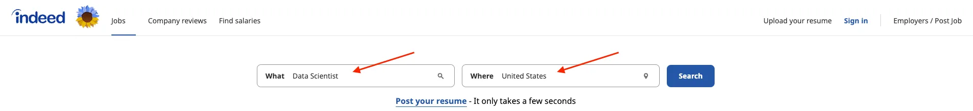 Self-made picture. Show both job and location keywords input in Indeed.