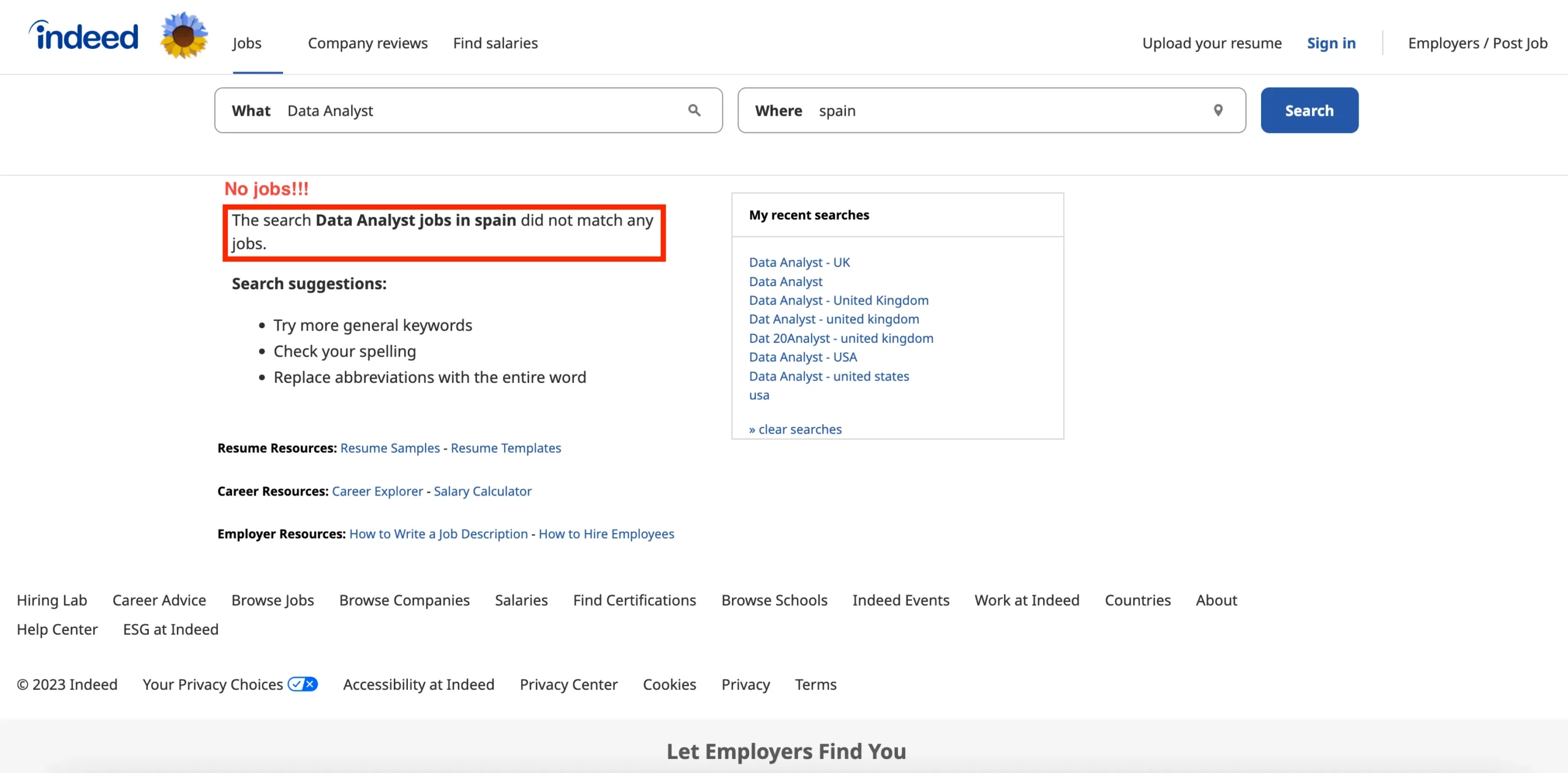 Screenshot of Indeed UI. No results when searching spanish jobs in the