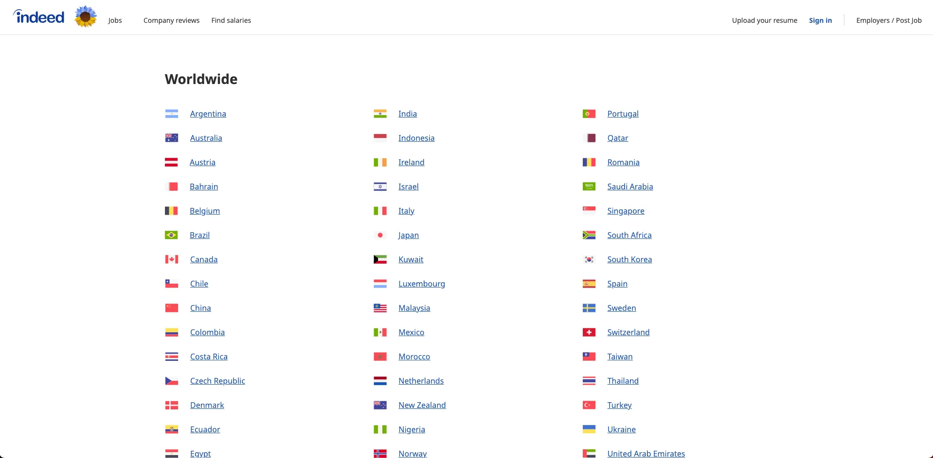 Screenshot of Indeed worldwide UI. List of xURLs by country.