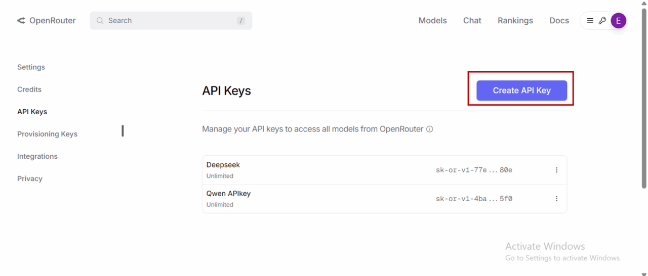 OpenRouter Select “Create API Key”