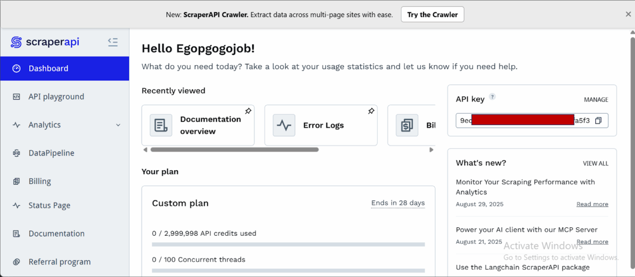 ScraperAPI Dashboard