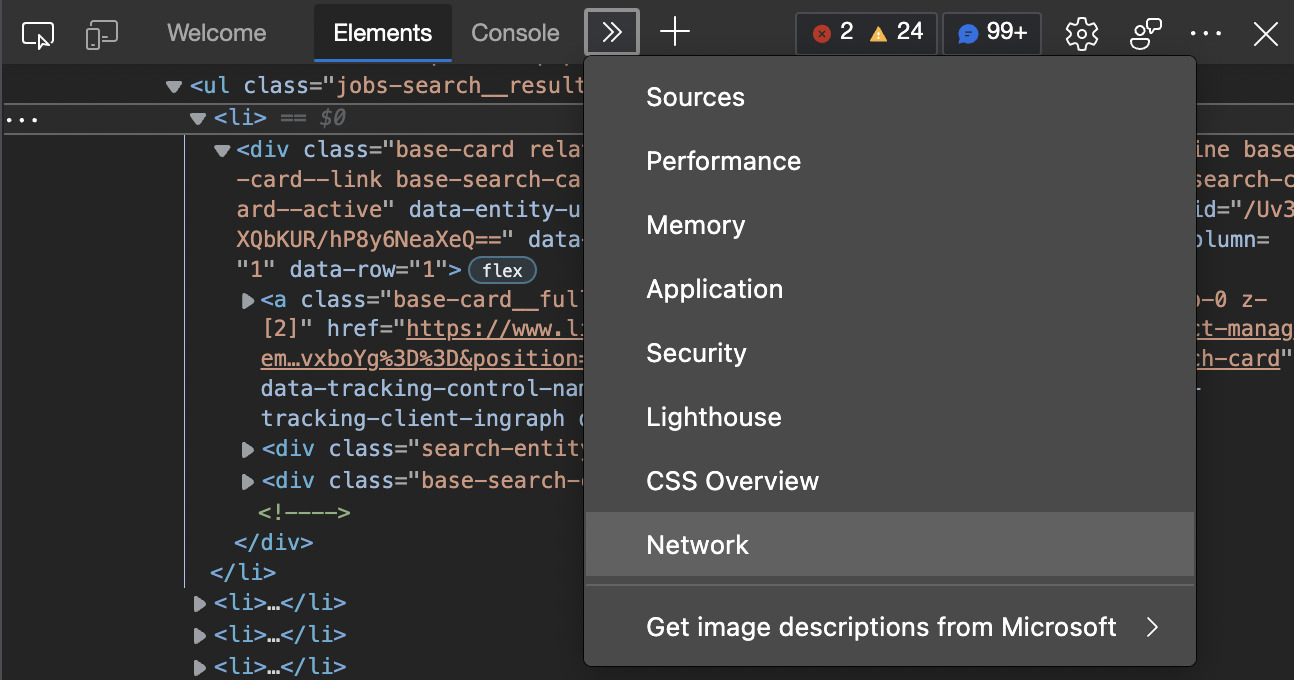 Showing where the Network tab is inside DevTools