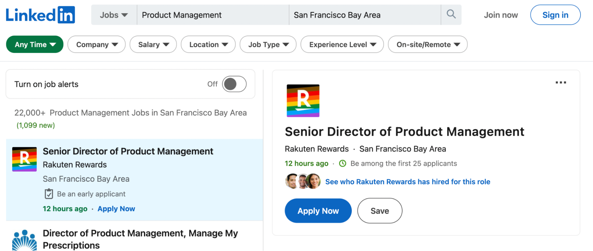 LinkedIn search results for "product management" jobs in San Francisco