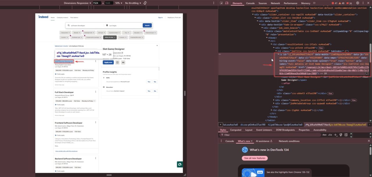 Indeed job search results showing multiple developer job positions