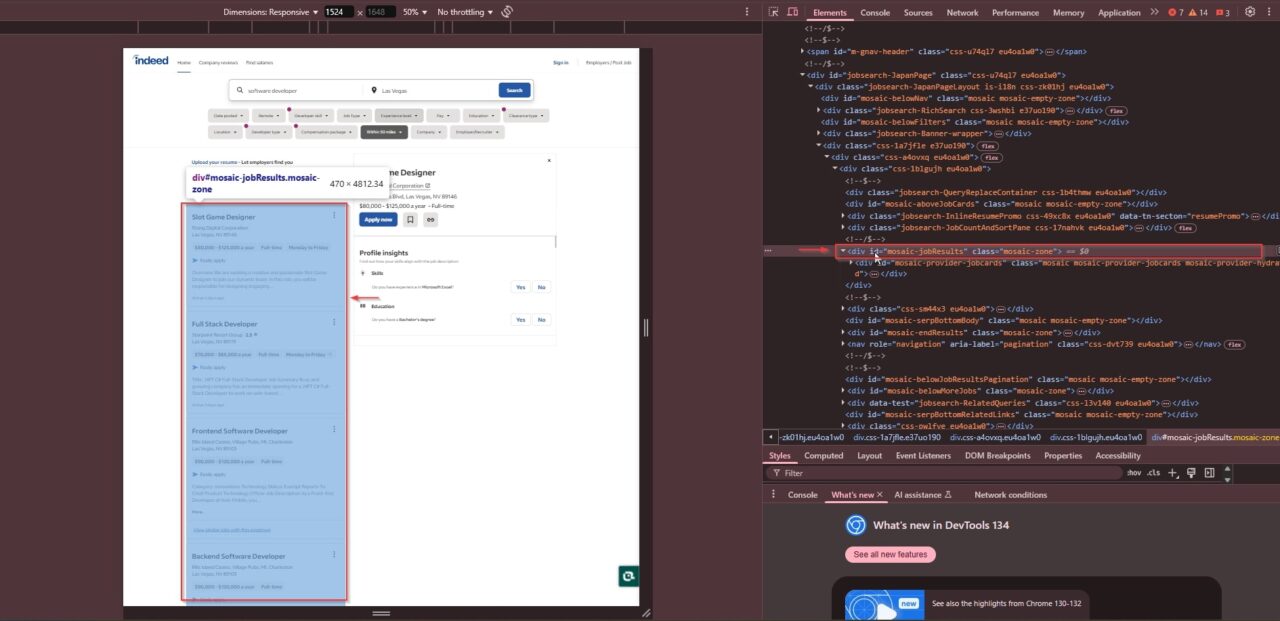 Indeed job search page showing multiple developer job listings
