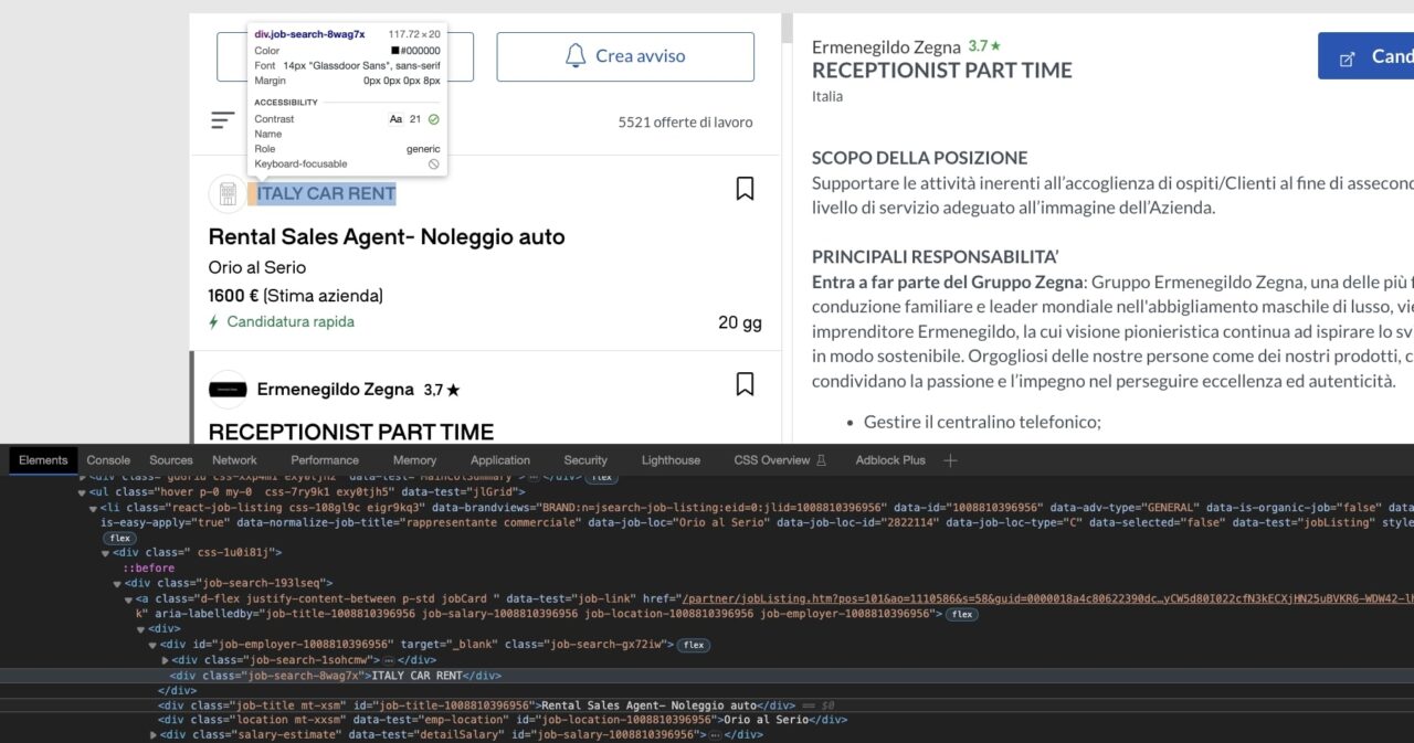 Inspecting Glassdoor's job listings with Chrome's inspector tool
