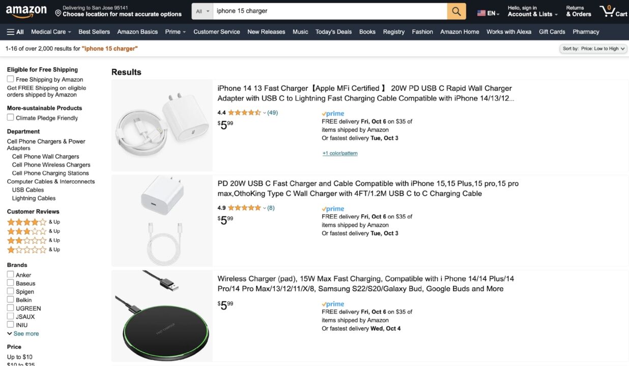 Searching "Iphone 15" on Amazon