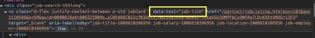 Job URL selector within the HTML of the page