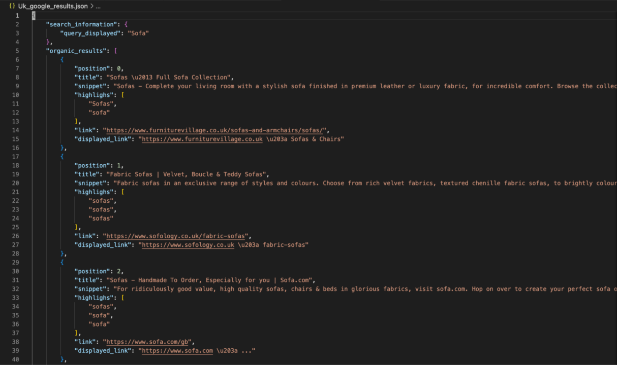 JSON file showing localized data from UK