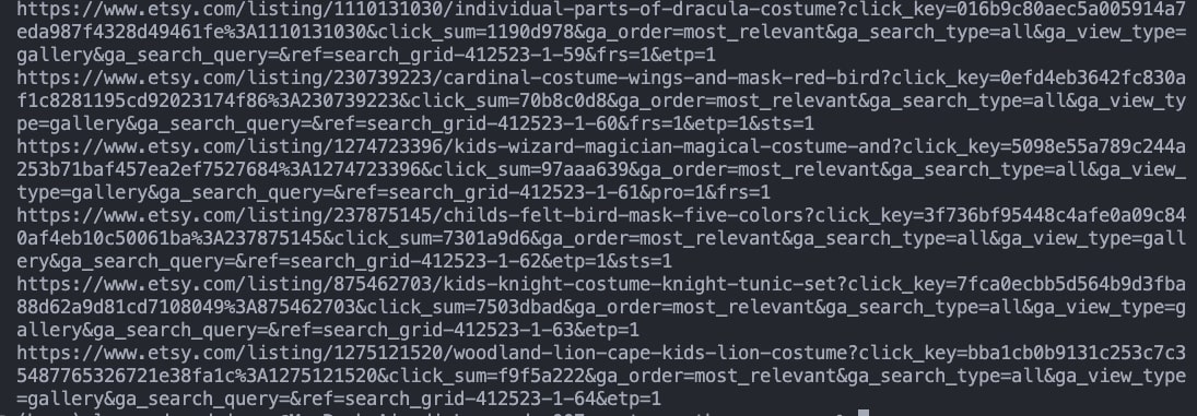 List of Etsy product URLs printed to the console