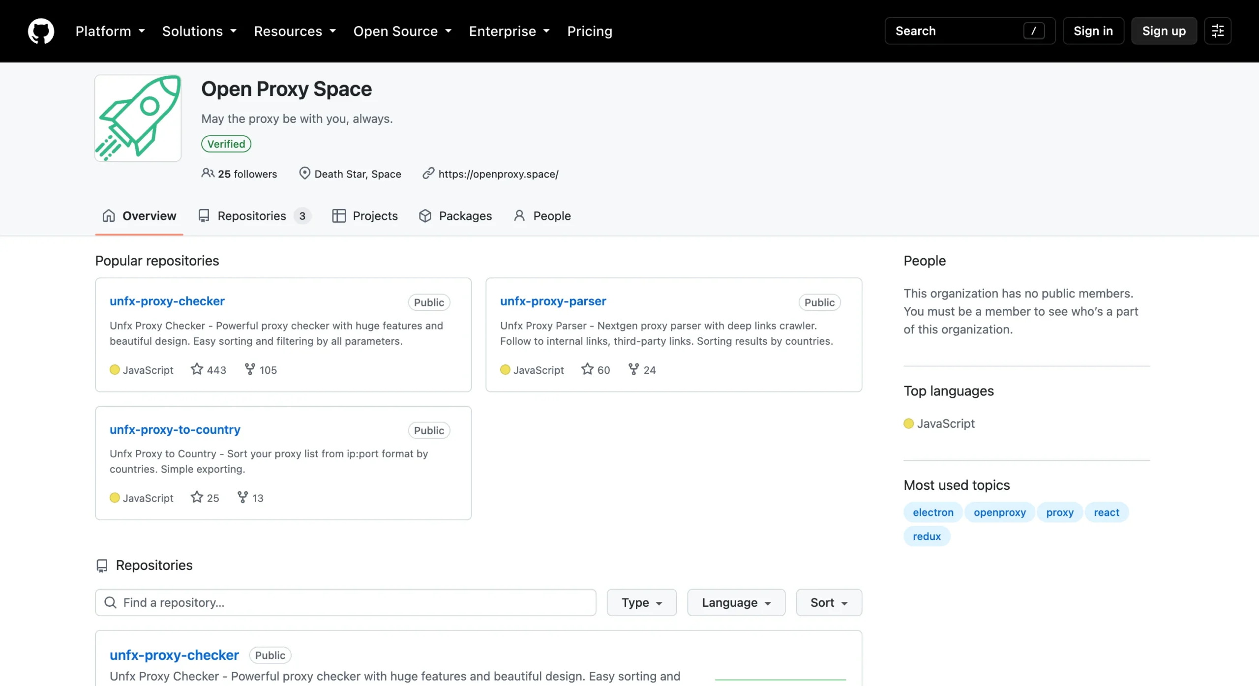 Open Proxy Space GitHub organization page with its unfx-proxy-checker, unfx-proxy-parser, and unfx-proxy-to-country repositories