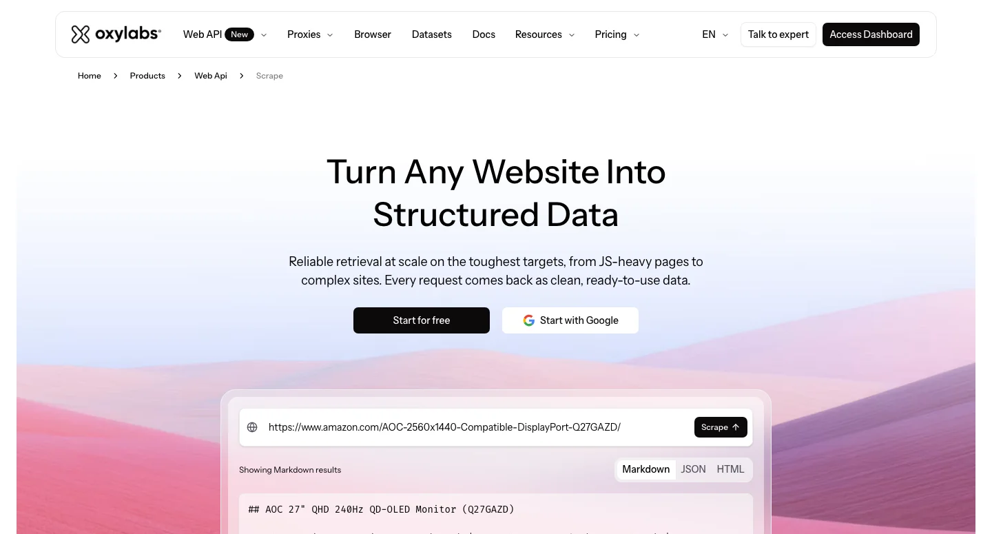 Oxylabs Web Scraper API homepage, Source: oxylabs.io