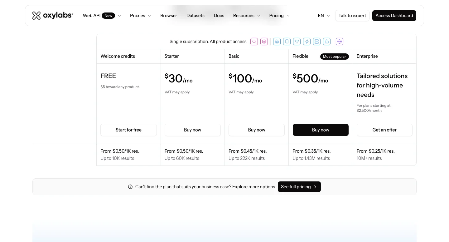Oxylabs pricing page. Source: oxylabs.io/products/scraper-api/web/pricing