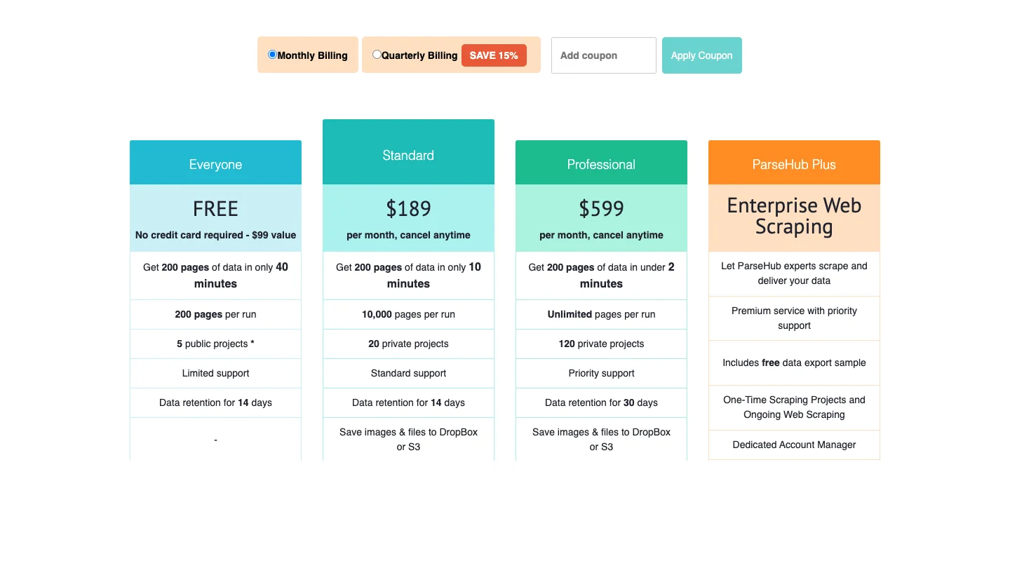 ParseHub pricing page. Source: parsehub.com/pricing