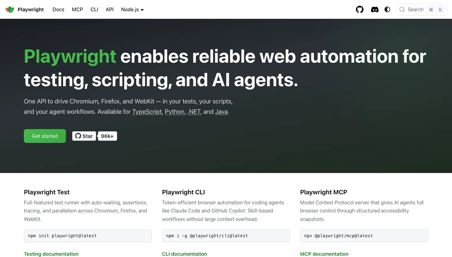 Playwright homepage, Source: playwright.dev