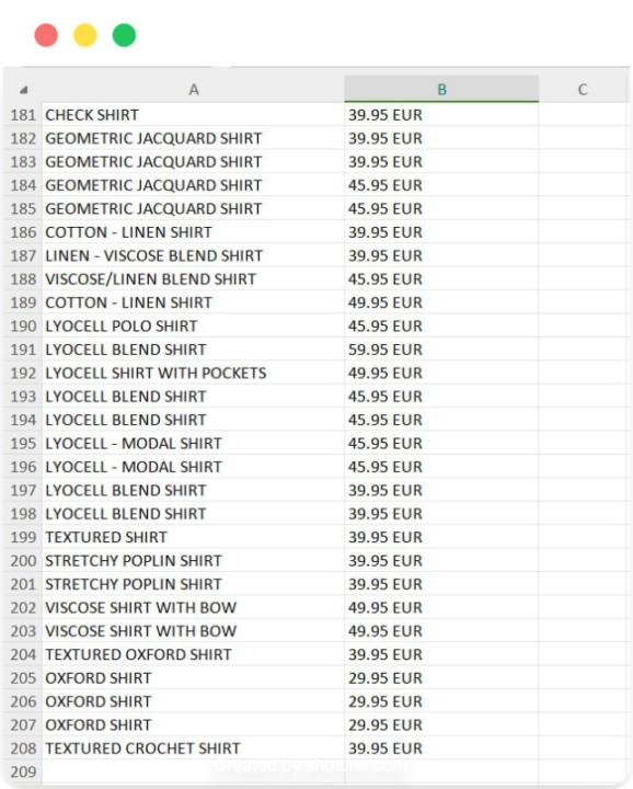 CSV file containing product names and prices
