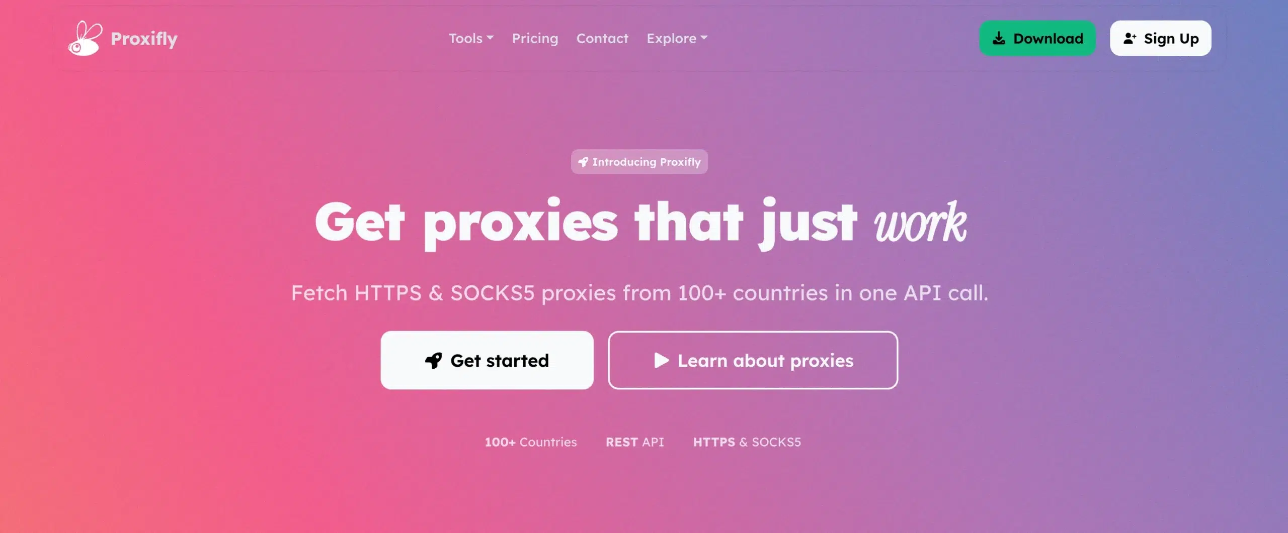 Proxifly homepage offering HTTPS and SOCKS5 proxies from 100+ countries through one API call