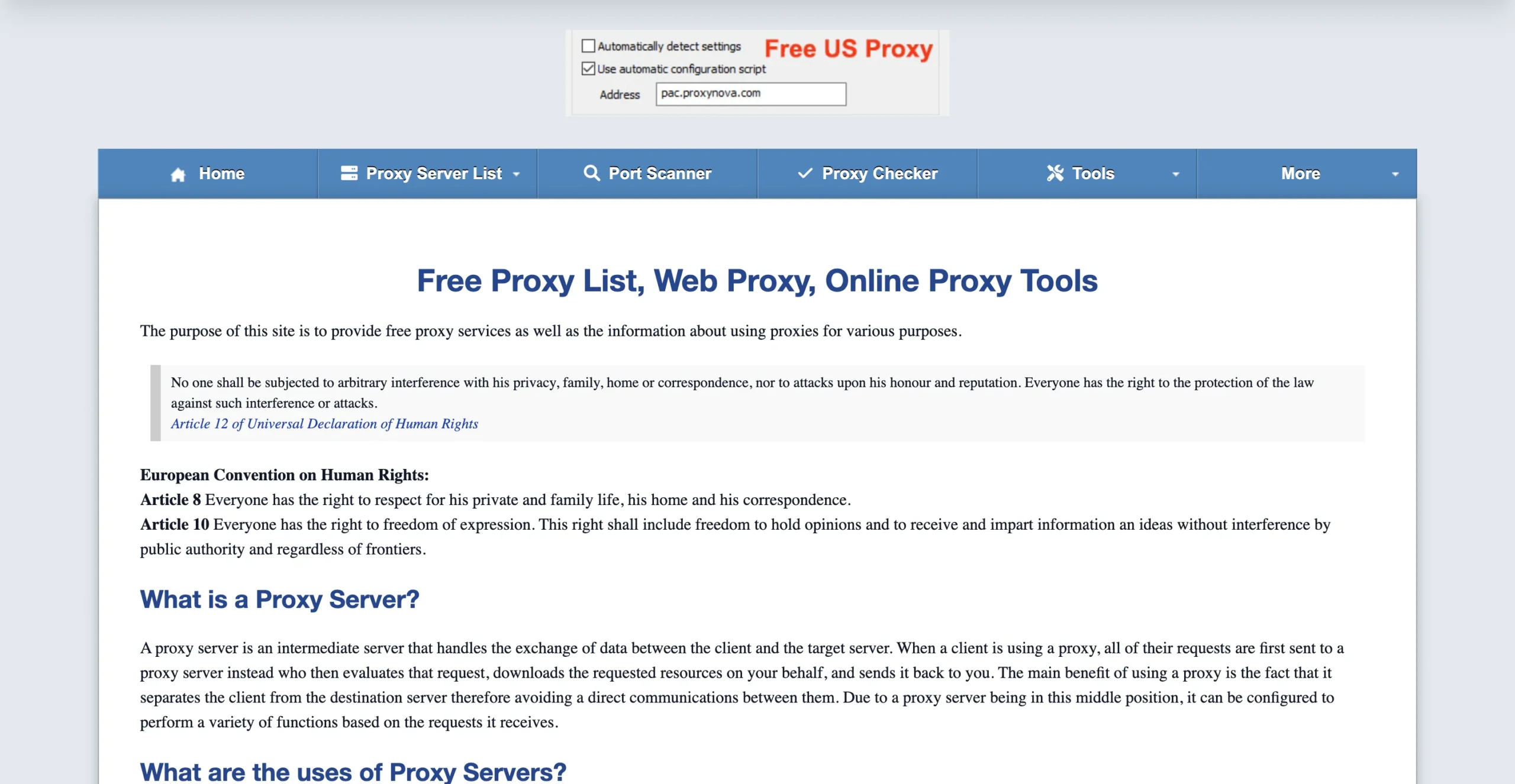 Proxy Nova homepage with links to its free proxy server list, port scanner, and proxy checker