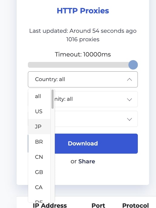 ProxyScrape's country menu