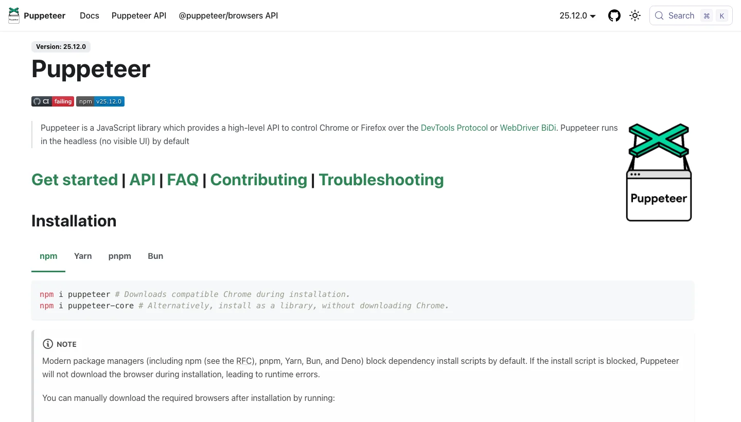 Puppeteer homepage, Source: pptr.dev
