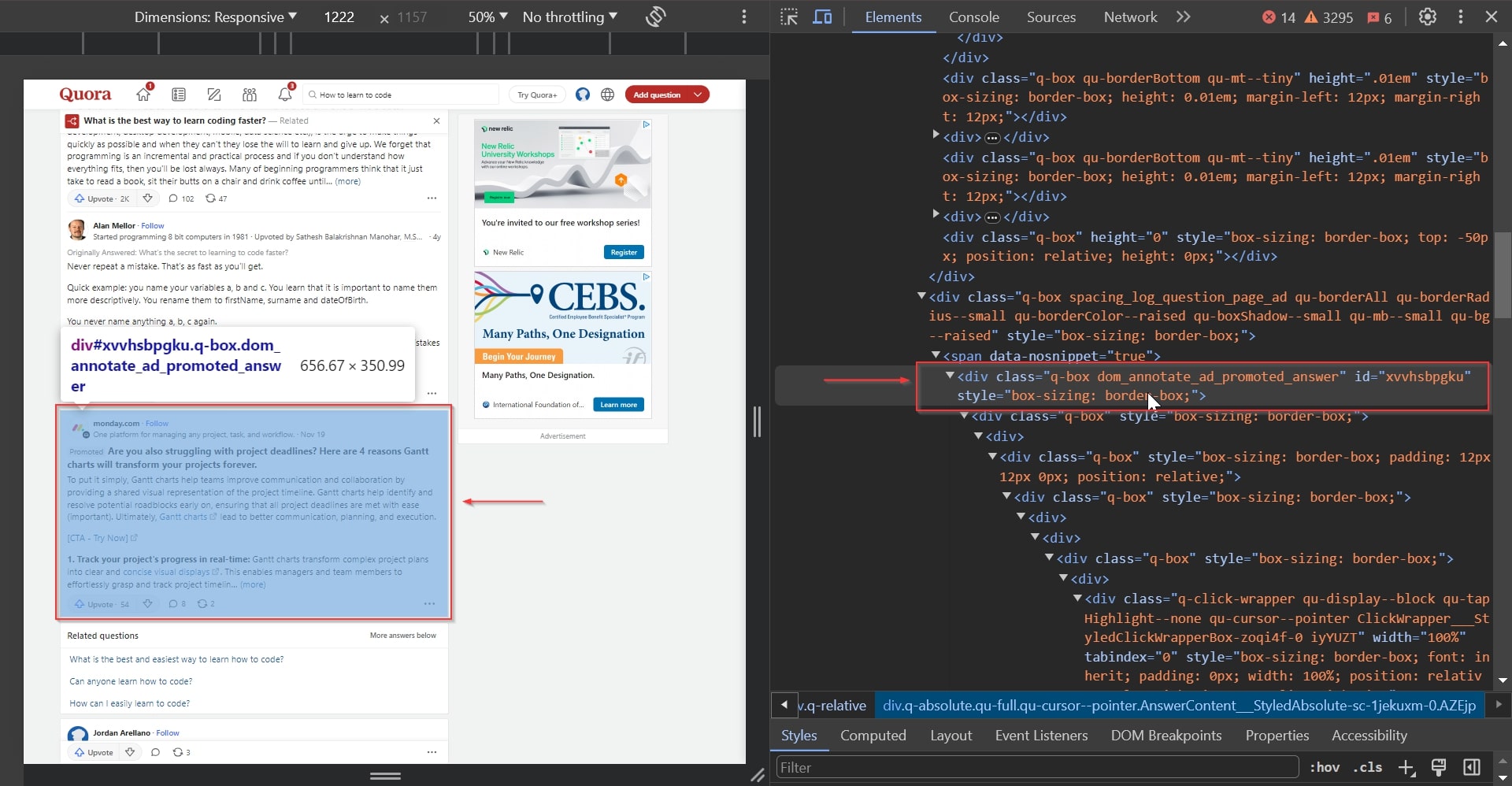 Quora answer post css selector
