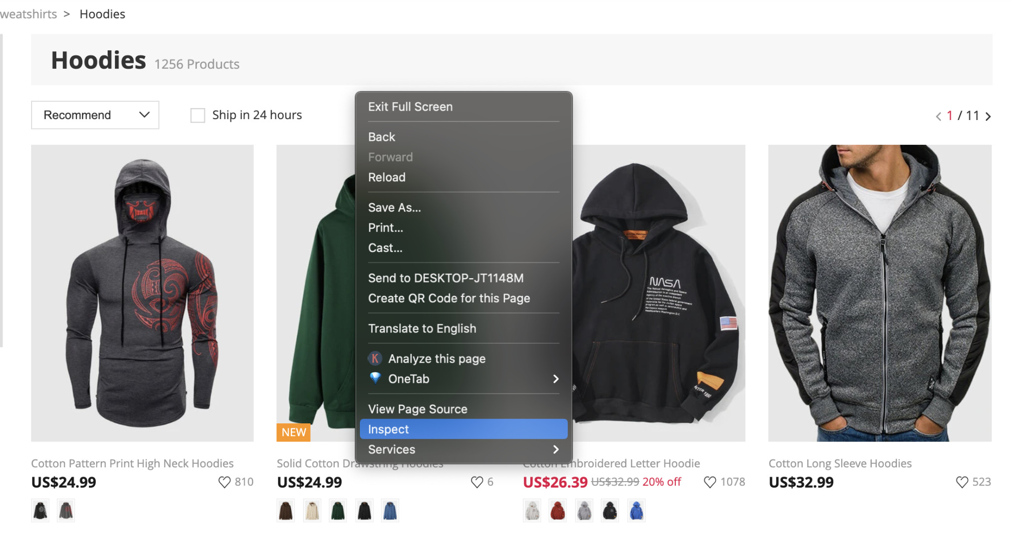 image of men’s hoodies webpage.