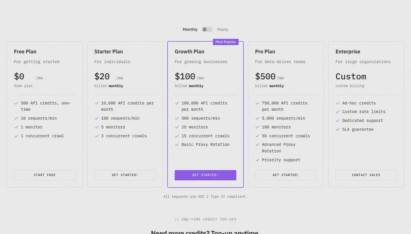 ScrapeGraphAI pricing page. Source: scrapegraphai.com/pricing