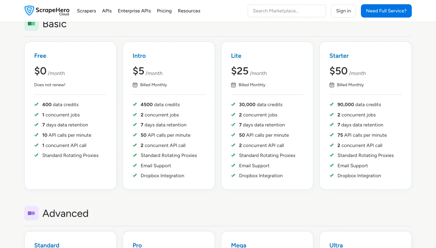ScrapeHero pricing page. Source: scrapehero.com/marketplace/pricing