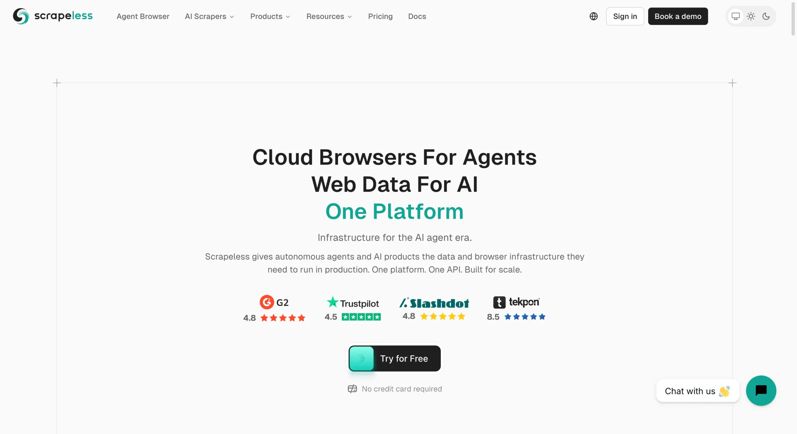 Scrapeless homepage offering cloud browsers and web data infrastructure for AI agents with a free trial