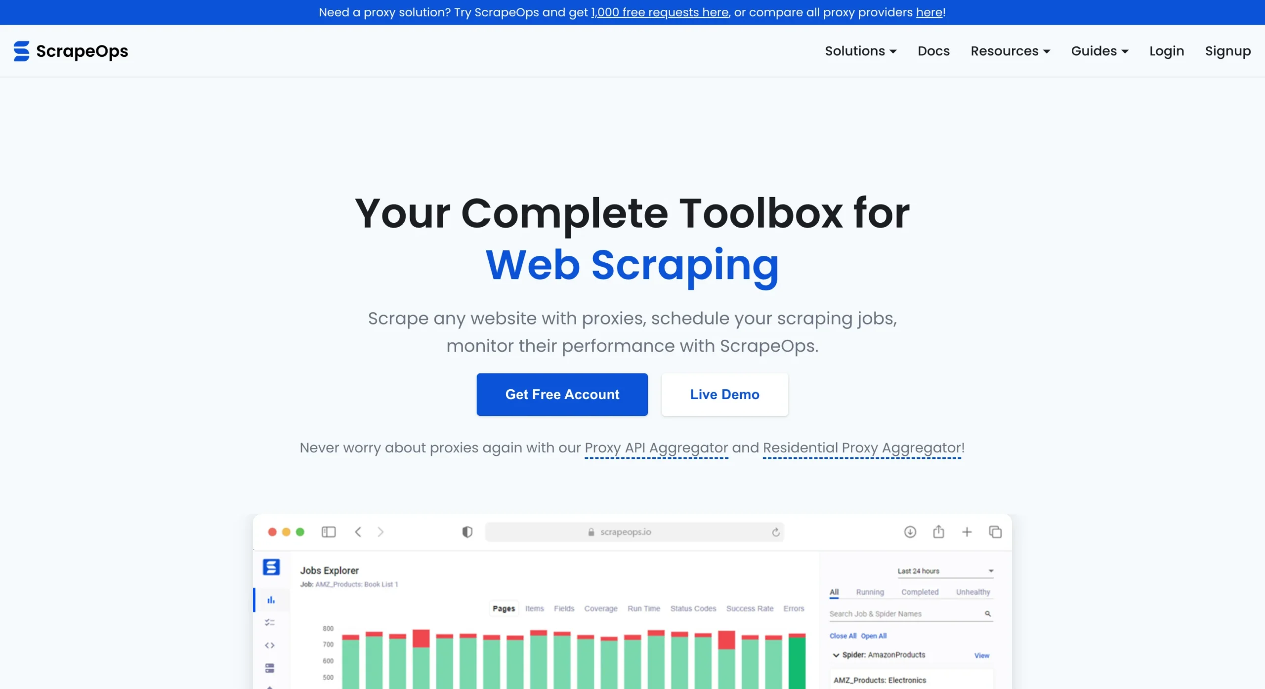 ScrapeOps homepage offering a web scraping toolbox with proxy aggregators and job monitoring
