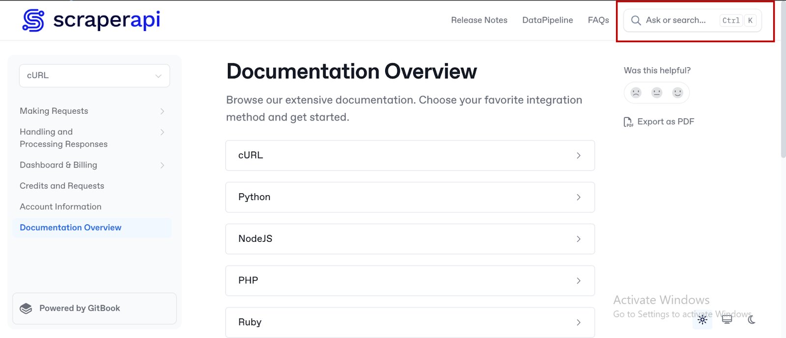 Search bar in ScraperAPI All Docs