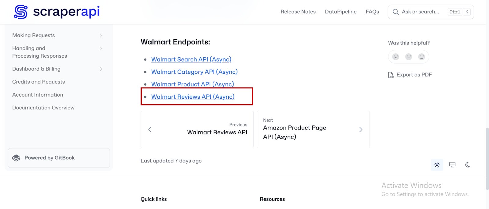 ScraperAPI resource: Walmart Reviews API (Async)