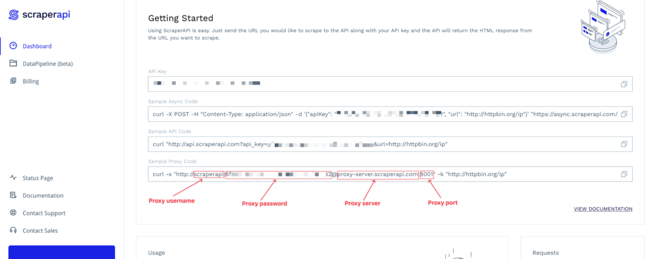 ScraperAPI's dashboard with red arrows pointing to API keys and code samples