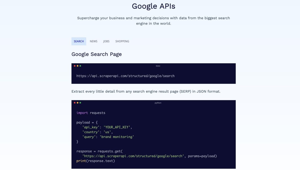 ScraperAPI Google structured endpoint