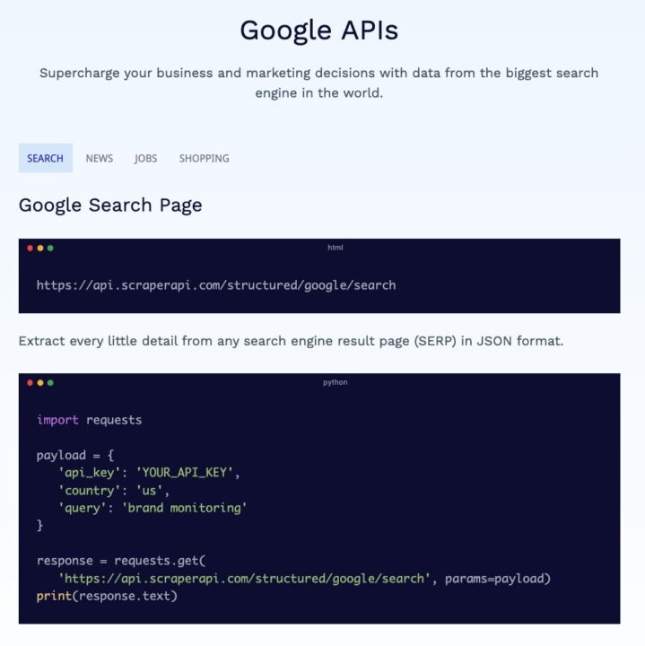 ScraperAPI's Google SERP endpoint