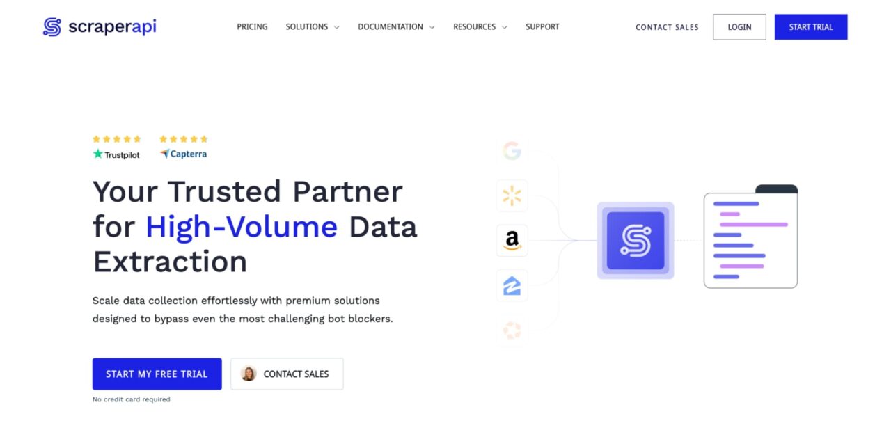 ScraperAPI homepage for AI and free web scraping tools