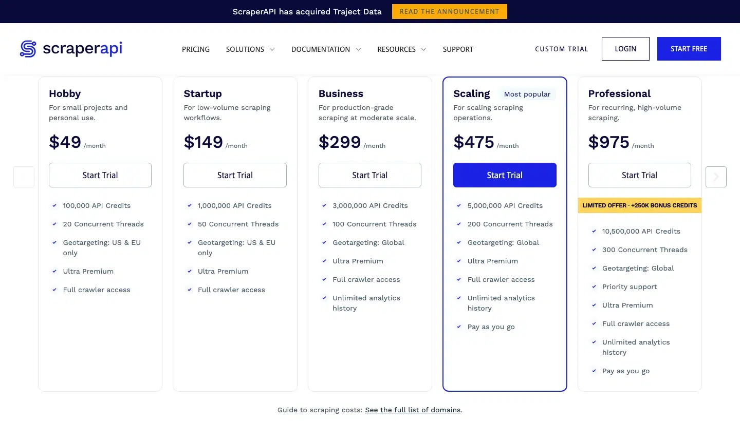 ScraperAPI pricing page. Source: scraperapi.com/pricing