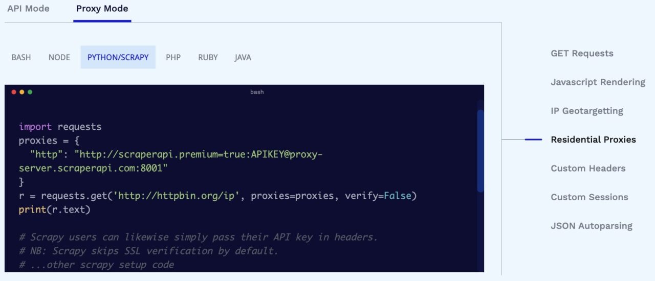 ScraperAPI proxy mode sample code