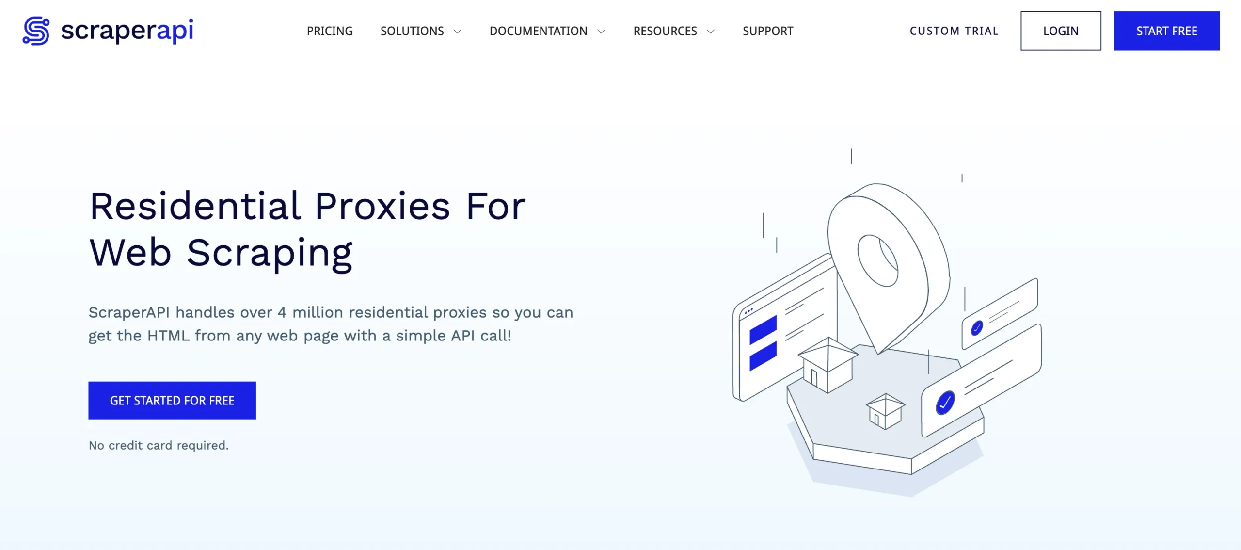 ScraperAPI residential proxies page for web scraping with a free trial and no credit card required