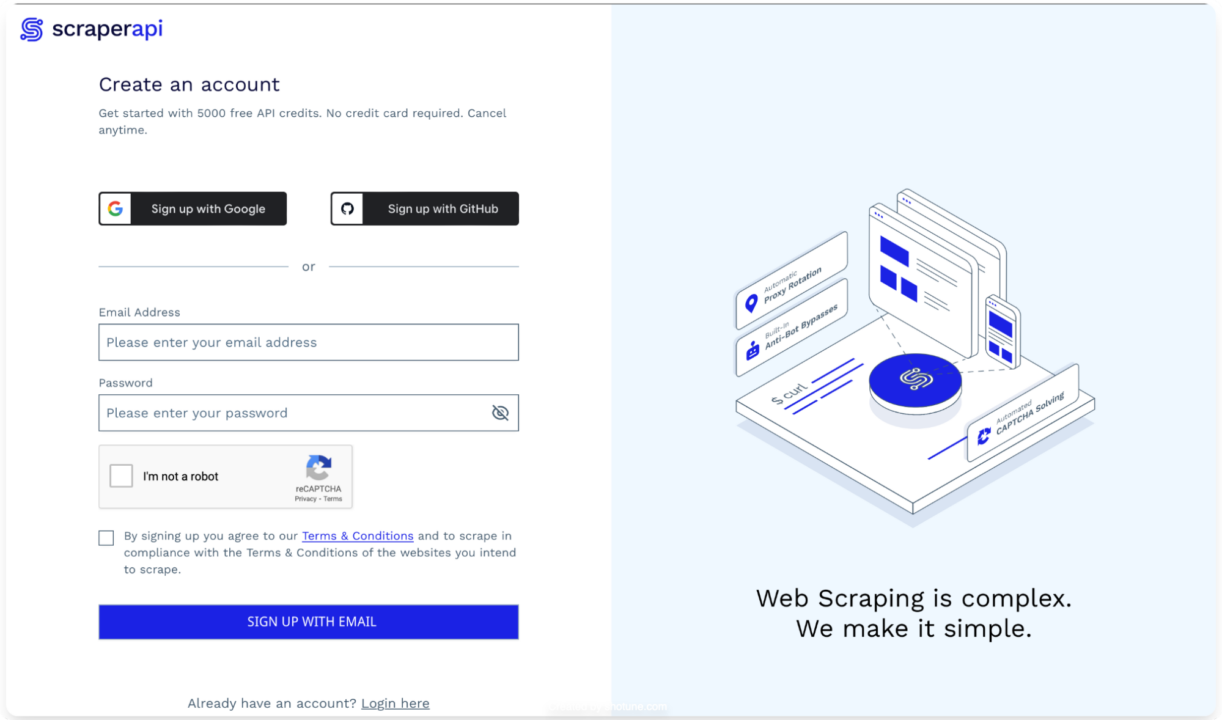 ScraperAPI sign up dashboard page