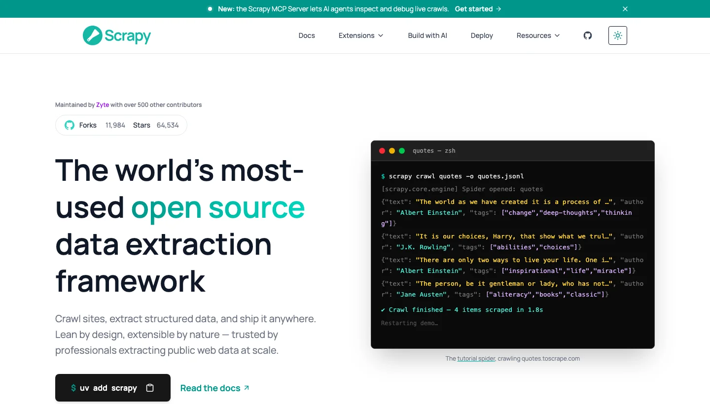 Scrapy homepage, Source: scrapy.org
