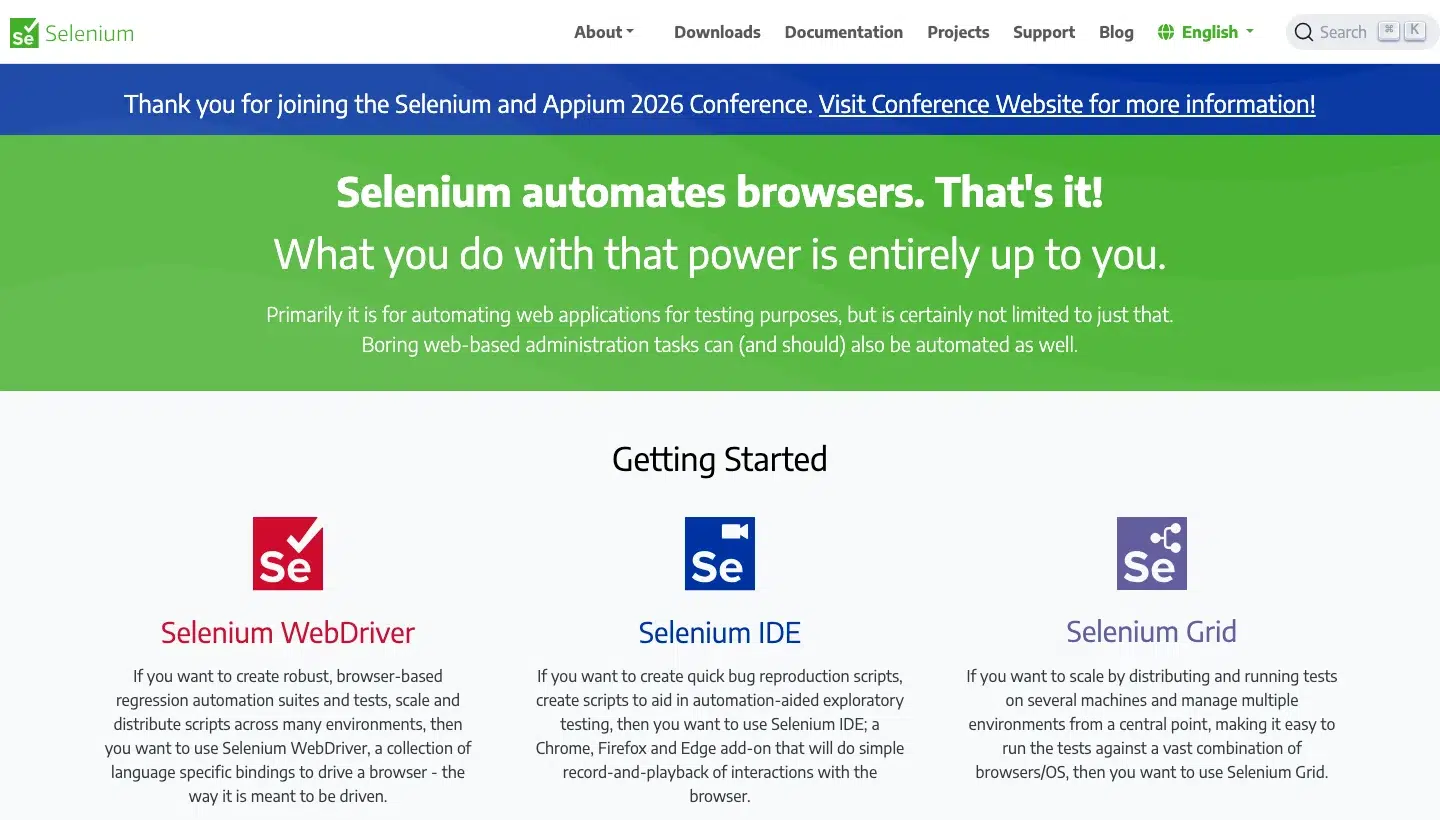 Selenium homepage, Source: selenium.dev