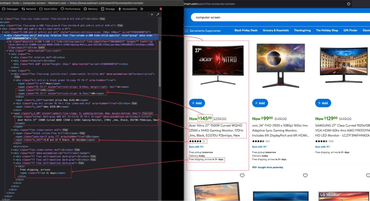 Screenshot highlighting the CSS selectors for the elements we want to scrape